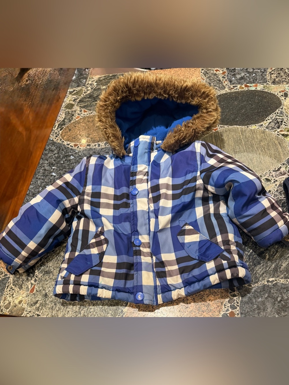 Blue Plaid Kids Puffer Jacket with Faux-Fur Hood 12-18months